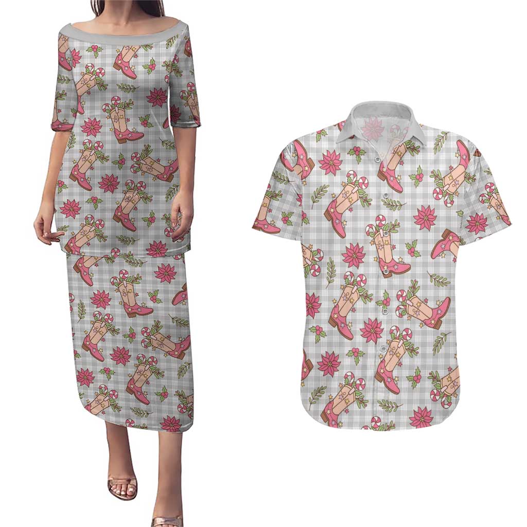 Gray Paniolo Palaka Hawaiian Cowgirl Christmas Couples Matching Puletasi and Hawaiian Shirt - Polynesian Pride