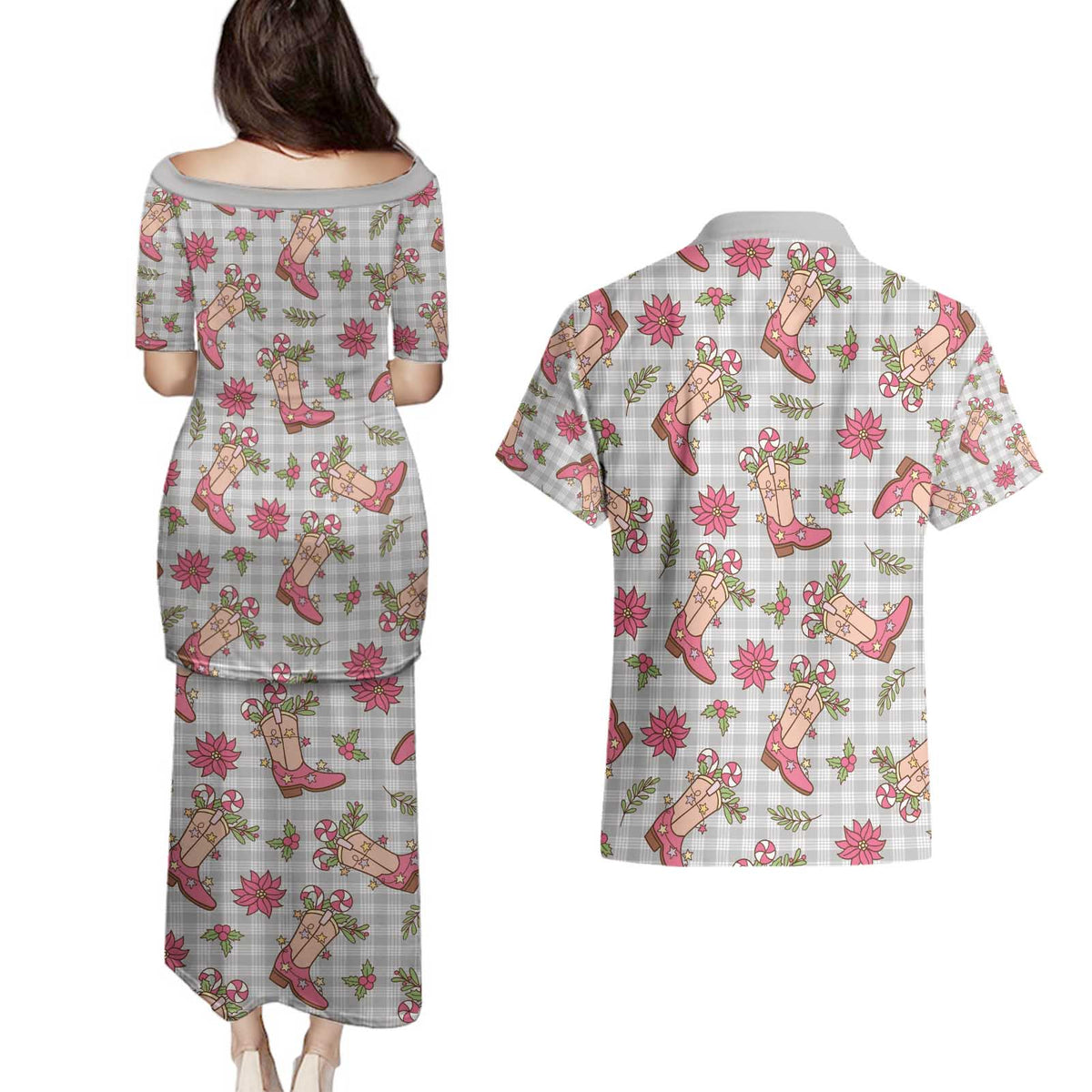 Gray Paniolo Palaka Hawaiian Cowgirl Christmas Couples Matching Puletasi and Hawaiian Shirt - Polynesian Pride