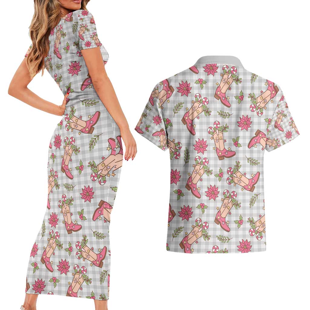 Gray Paniolo Palaka Hawaiian Cowgirl Christmas Couples Matching Short Sleeve Bodycon Dress and Hawaiian Shirt - Polynesian Pride