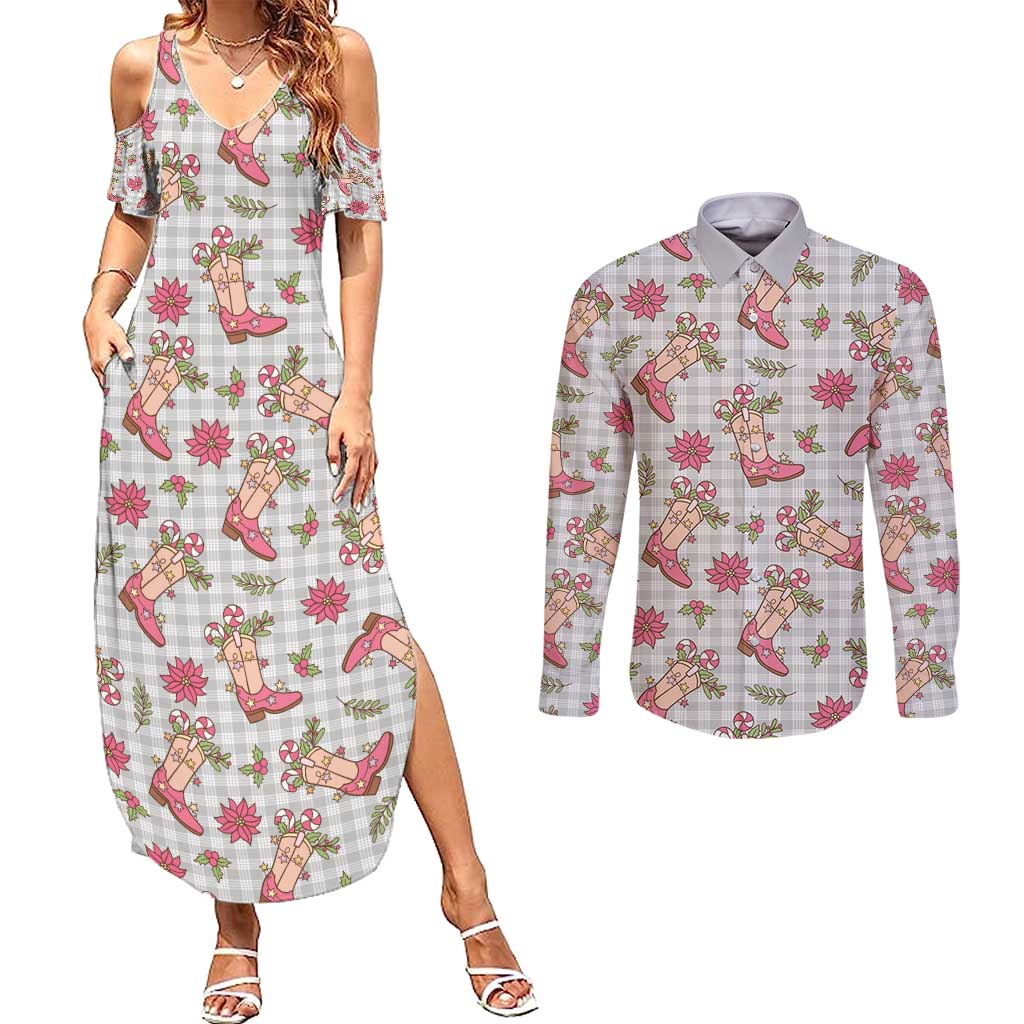 Gray Paniolo Palaka Hawaiian Cowgirl Christmas Couples Matching Summer Maxi Dress and Long Sleeve Button Shirt - Polynesian Pride