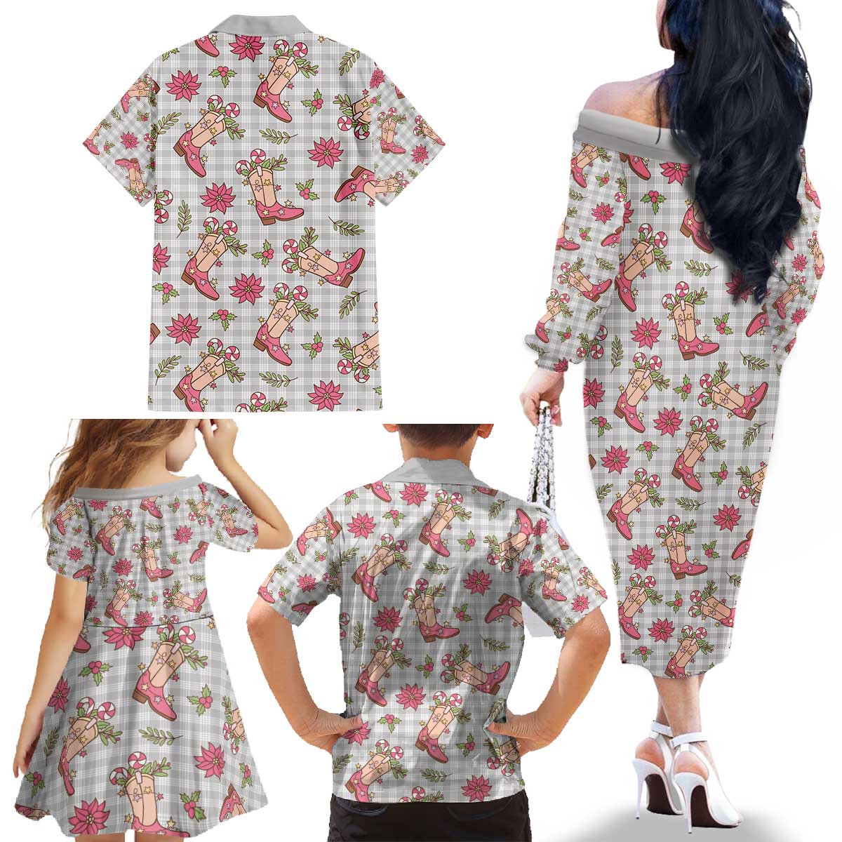 Gray Paniolo Palaka Hawaiian Cowgirl Christmas Family Matching Off The Shoulder Long Sleeve Dress and Hawaiian Shirt - Polynesian Pride