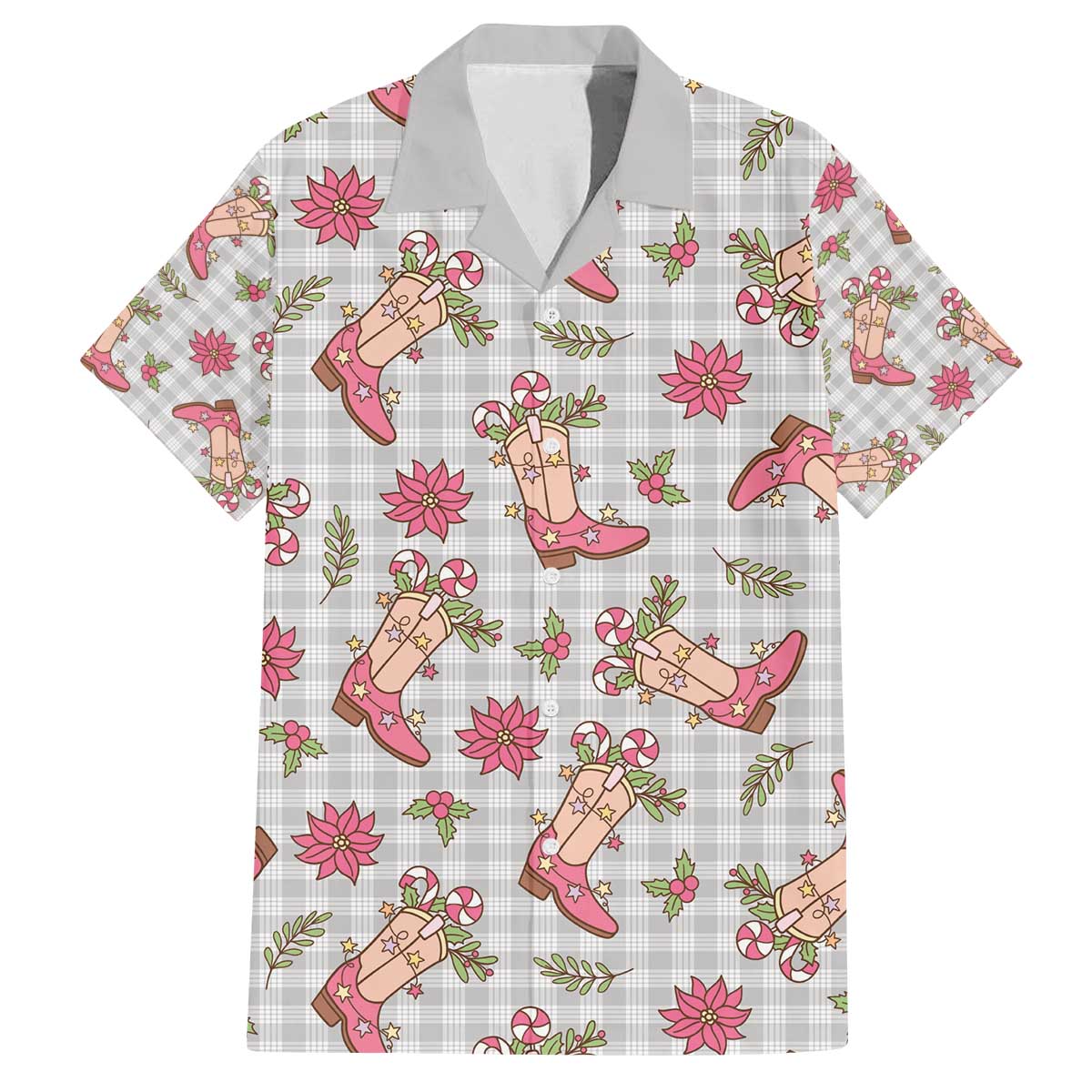 Gray Paniolo Palaka Hawaiian Cowgirl Christmas Family Matching Off The Shoulder Long Sleeve Dress and Hawaiian Shirt - Polynesian Pride