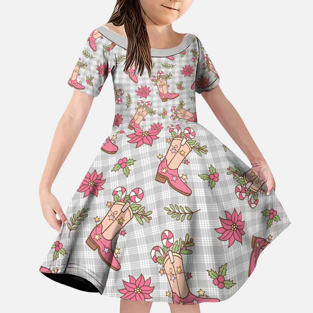 Gray Paniolo Palaka Hawaiian Cowgirl Christmas Family Matching Puletasi and Hawaiian Shirt LT9 Daughter's Dress Gray - Polynesian Pride
