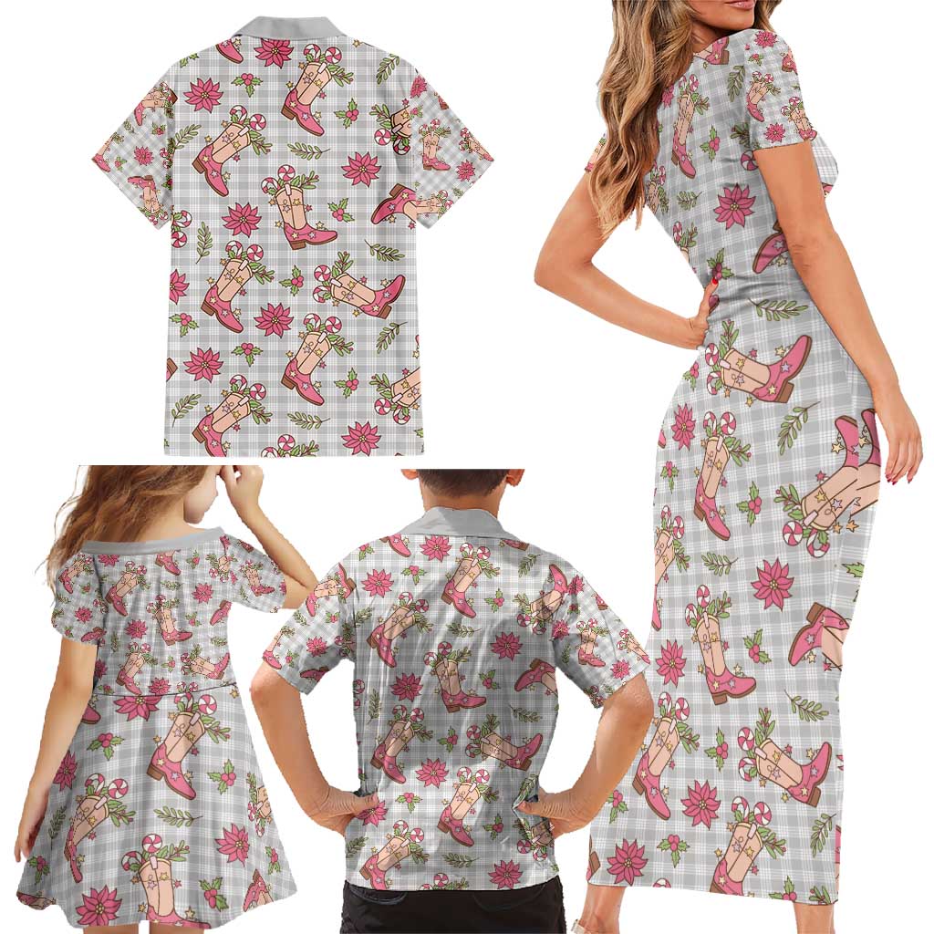 Gray Paniolo Palaka Hawaiian Cowgirl Christmas Family Matching Short Sleeve Bodycon Dress and Hawaiian Shirt - Polynesian Pride