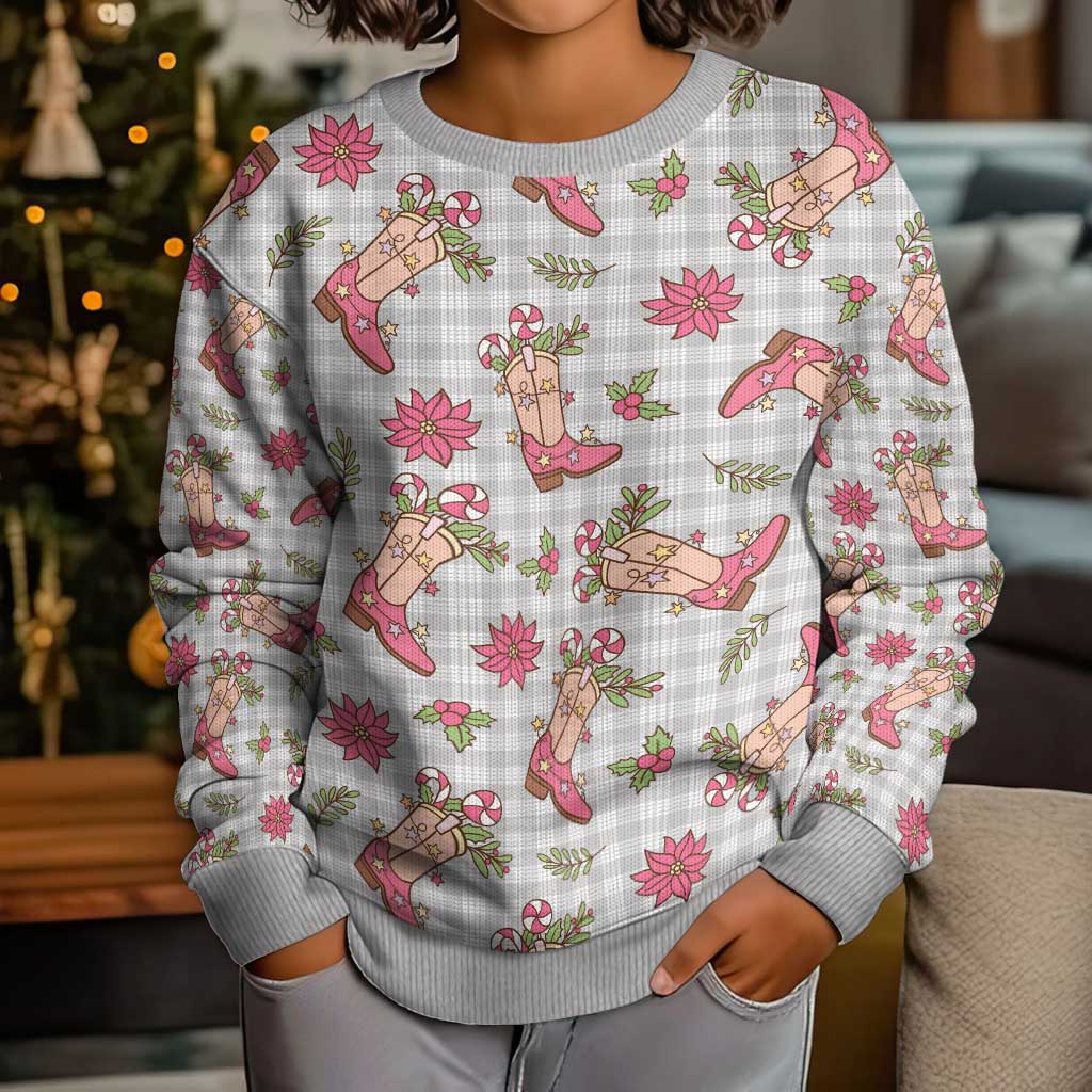 Gray Paniolo Palaka Hawaiian Cowgirl Christmas Kid Ugly Christmas Sweater - Polynesian Pride