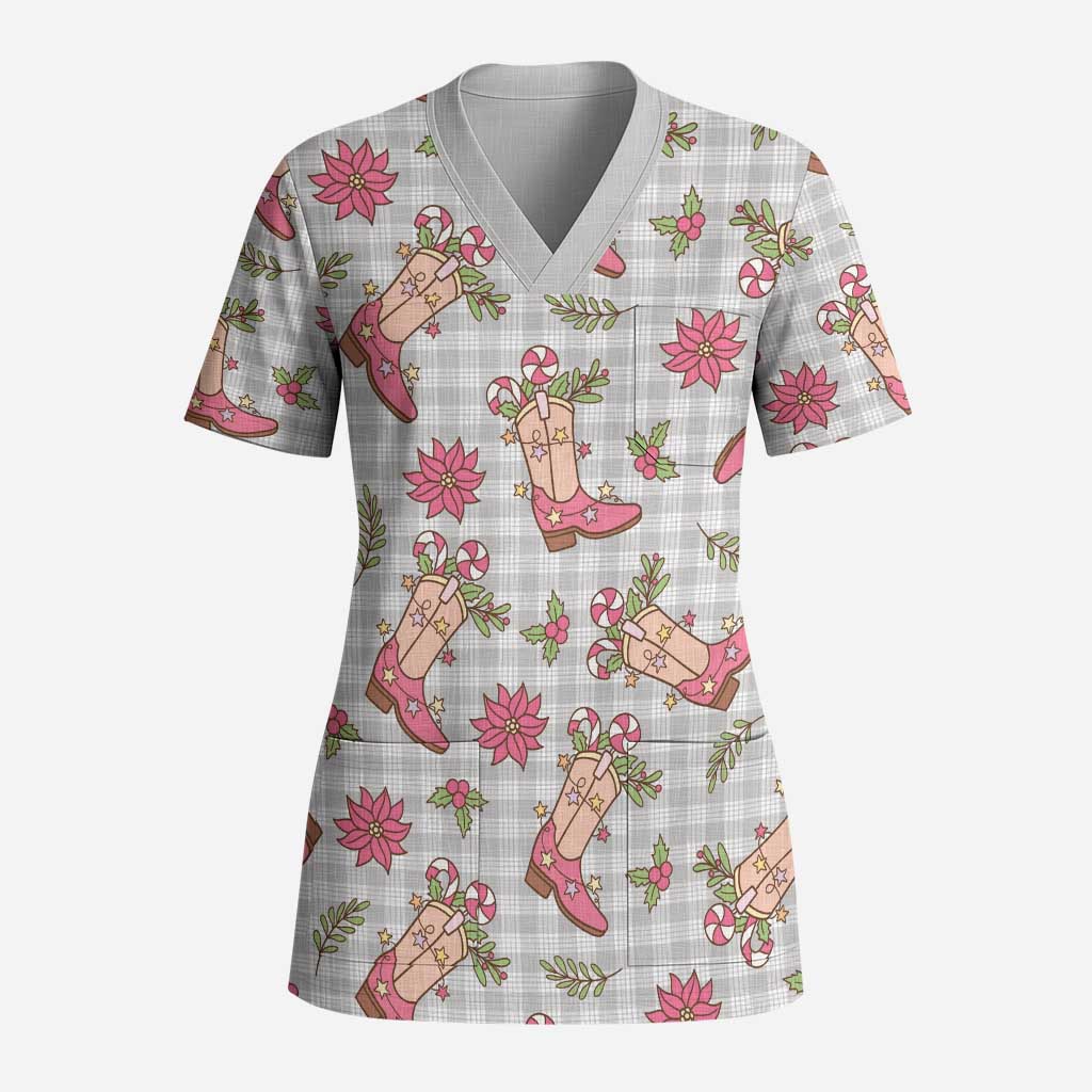 Gray Paniolo Palaka Hawaiian Cowgirl Christmas Scrub Top - Polynesian Pride