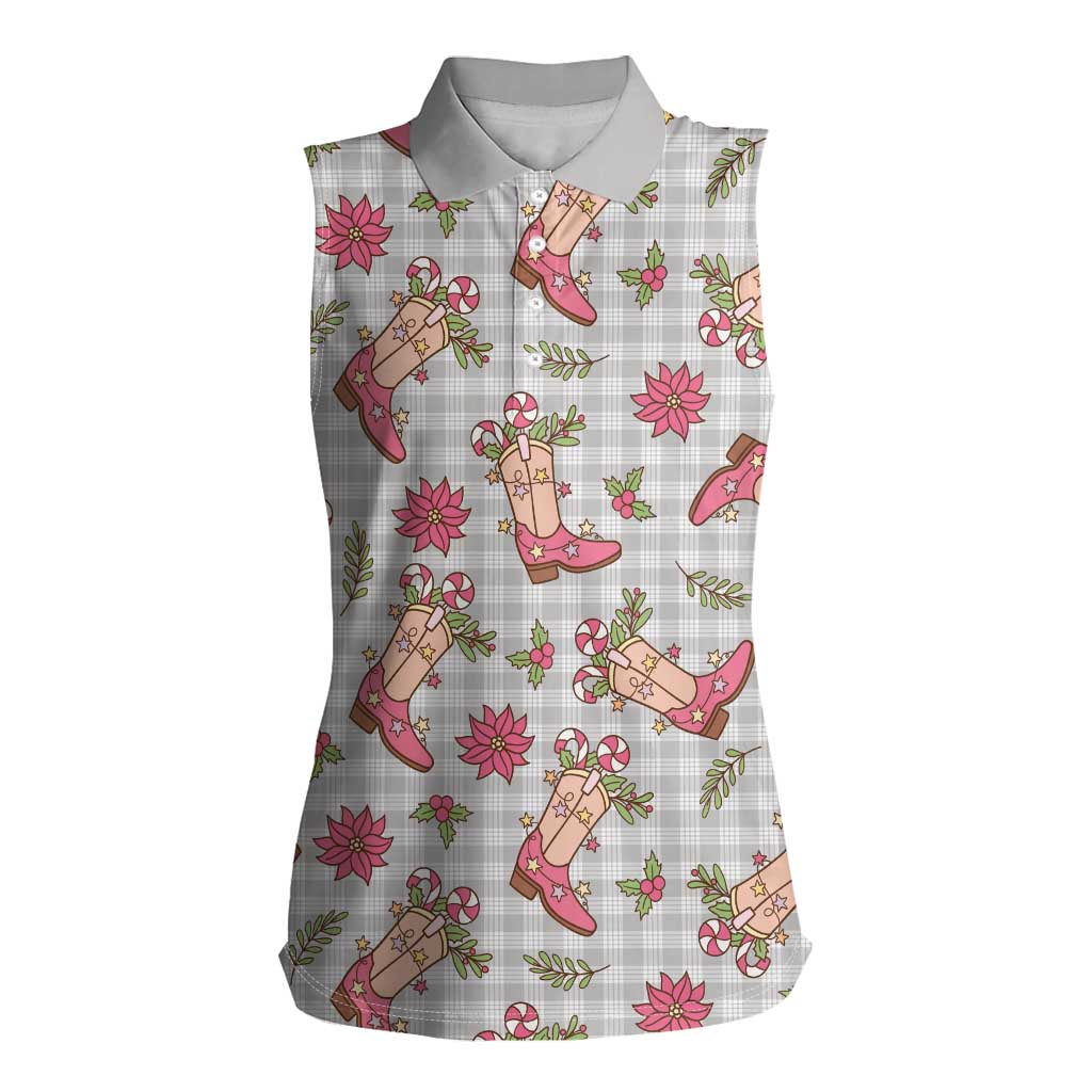 Gray Paniolo Palaka Hawaiian Cowgirl Christmas Women Sleeveless Polo Shirt - Polynesian Pride