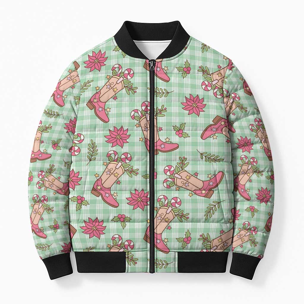 Green Paniolo Palaka Hawaiian Cowgirl Christmas Bomber Puffer Jacket - Polynesian Pride