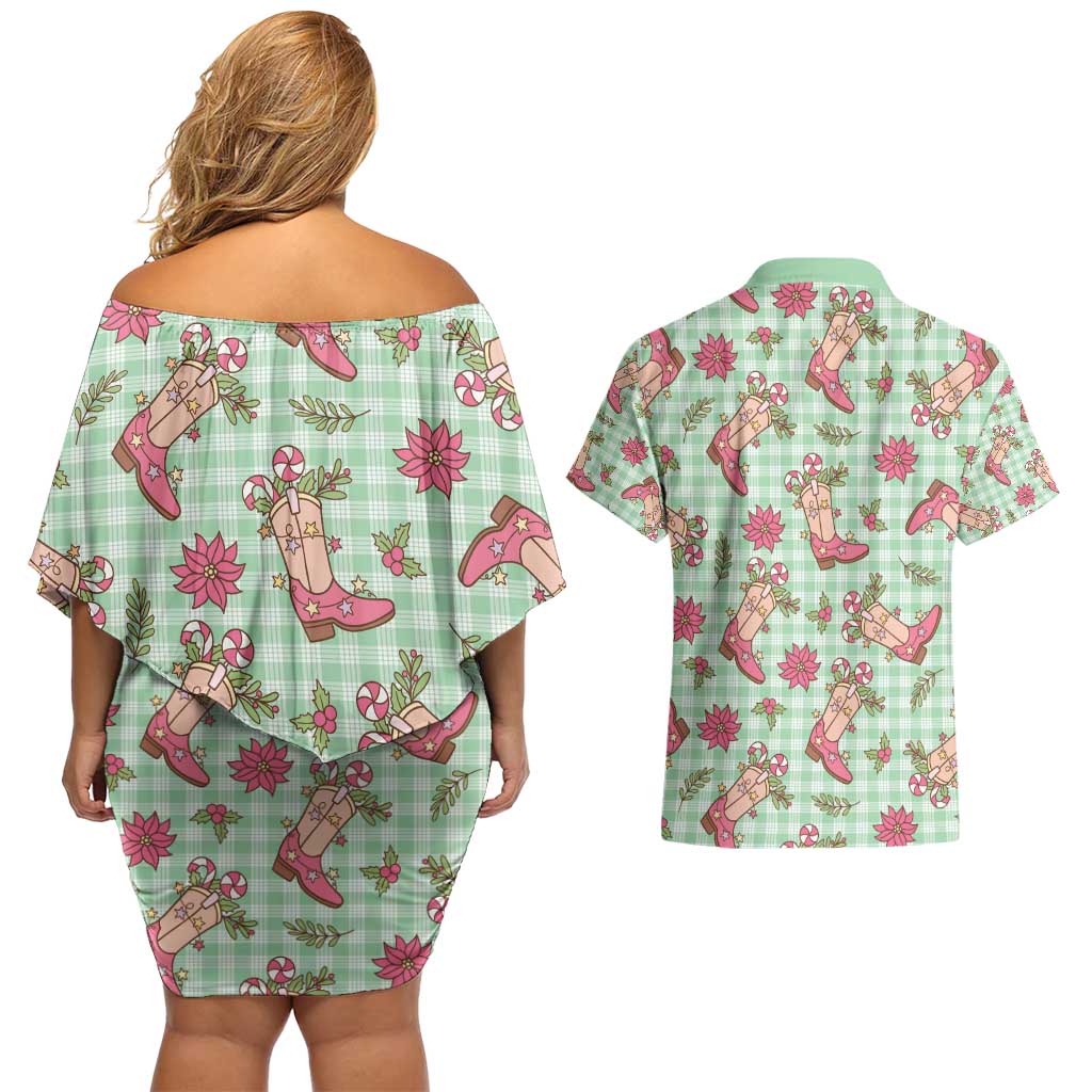 Green Paniolo Palaka Hawaiian Cowgirl Christmas Couples Matching Off Shoulder Short Dress and Hawaiian Shirt - Polynesian Pride