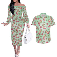 Green Paniolo Palaka Hawaiian Cowgirl Christmas Couples Matching Off The Shoulder Long Sleeve Dress and Hawaiian Shirt - Polynesian Pride