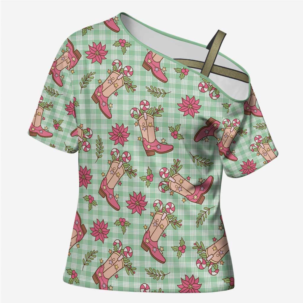 Green Paniolo Palaka Hawaiian Cowgirl Christmas Cross Shoulder Shirt - Polynesian Pride