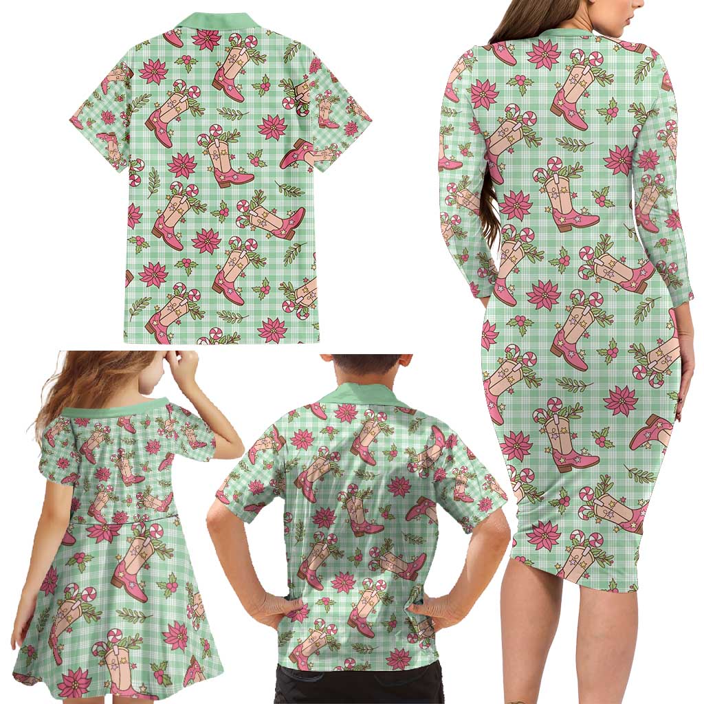 Green Paniolo Palaka Hawaiian Cowgirl Christmas Family Matching Long Sleeve Bodycon Dress and Hawaiian Shirt - Polynesian Pride