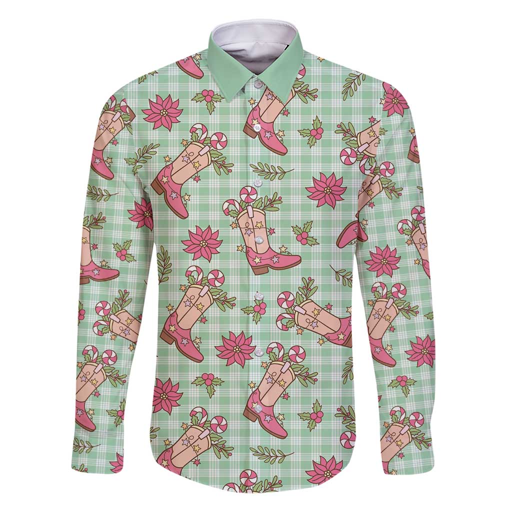 Green Paniolo Palaka Hawaiian Cowgirl Christmas Family Matching Long Sleeve Bodycon Dress and Hawaiian Shirt - Polynesian Pride