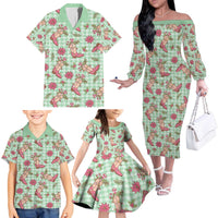 Green Paniolo Palaka Hawaiian Cowgirl Christmas Family Matching Off The Shoulder Long Sleeve Dress and Hawaiian Shirt - Polynesian Pride