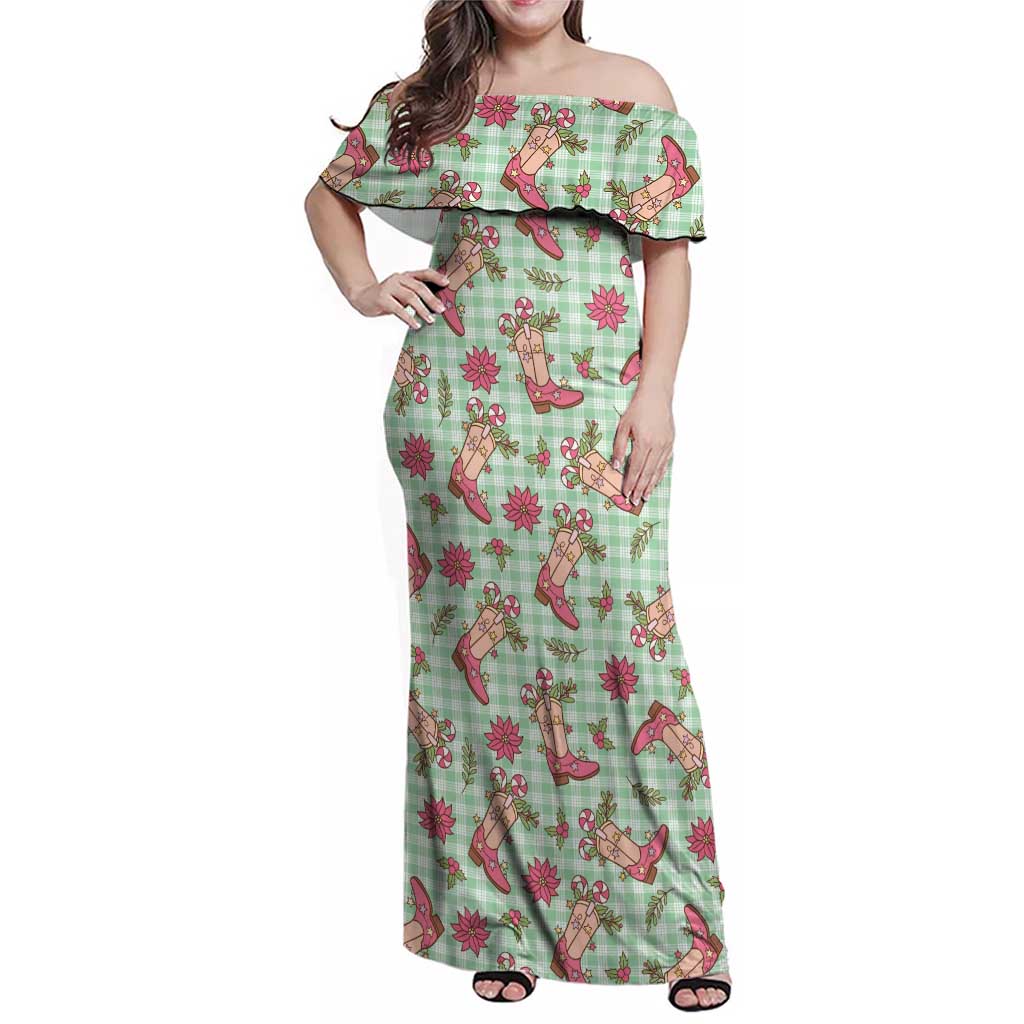 Green Paniolo Palaka Hawaiian Cowgirl Christmas Family Matching Off Shoulder Maxi Dress and Hawaiian Shirt - Polynesian Pride