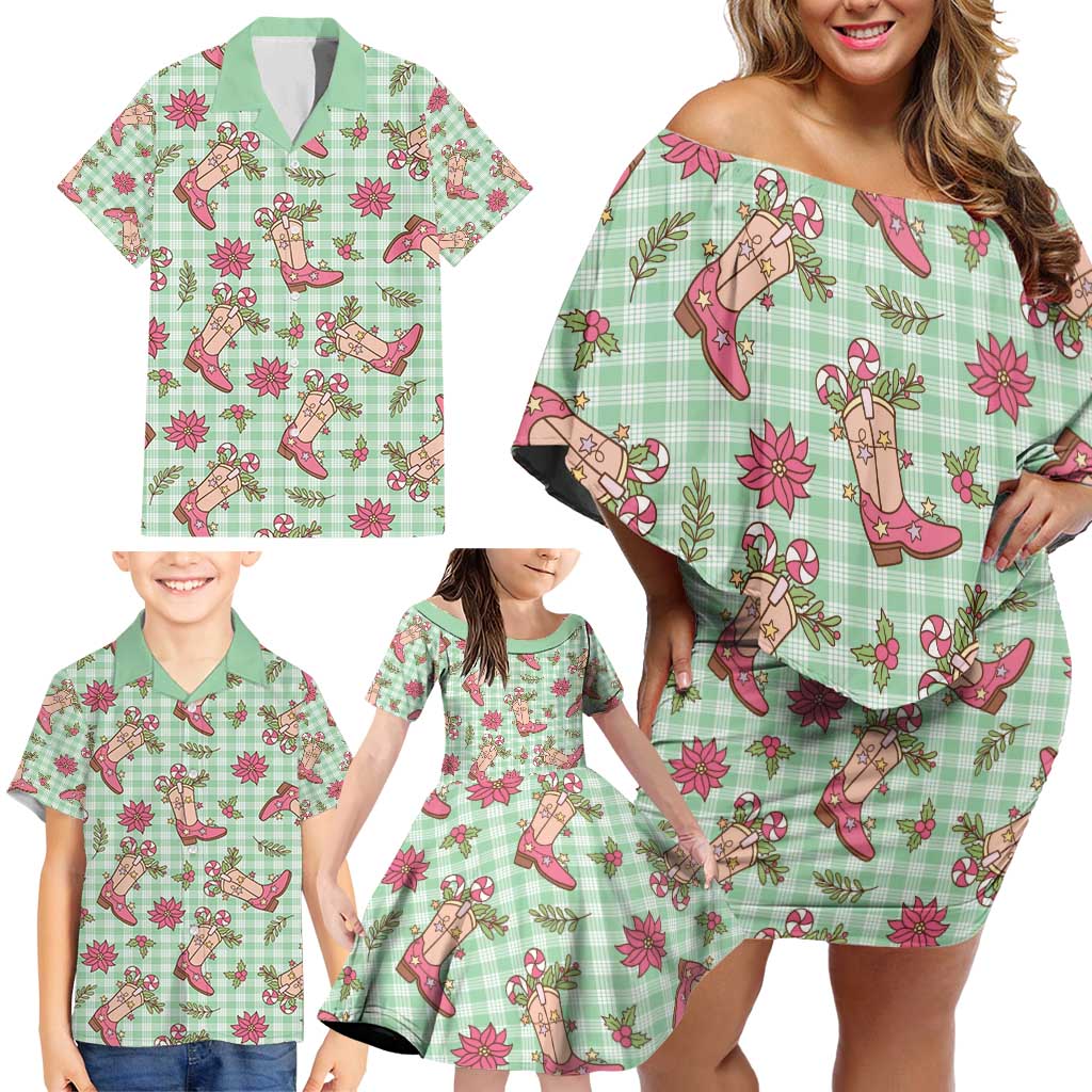 Green Paniolo Palaka Hawaiian Cowgirl Christmas Family Matching Off Shoulder Short Dress and Hawaiian Shirt - Polynesian Pride