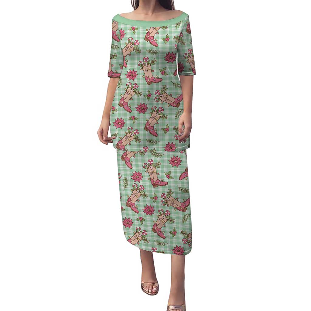 Green Paniolo Palaka Hawaiian Cowgirl Christmas Family Matching Puletasi and Hawaiian Shirt LT9 Mom's Dress Green - Polynesian Pride