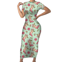 Green Paniolo Palaka Hawaiian Cowgirl Christmas Family Matching Short Sleeve Bodycon Dress and Hawaiian Shirt - Polynesian Pride