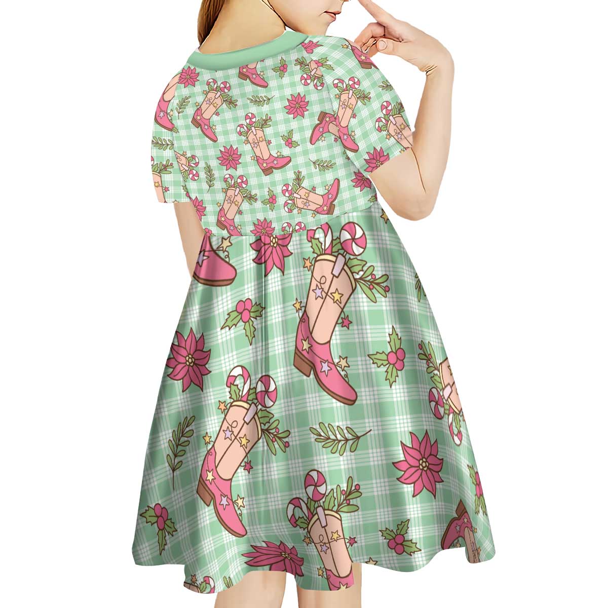 Green Paniolo Palaka Hawaiian Cowgirl Christmas Kid Short Sleeve Dress - Polynesian Pride