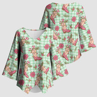 Green Paniolo Palaka Hawaiian Cowgirl Christmas Kimono Sleeve Blouse - Polynesian Pride