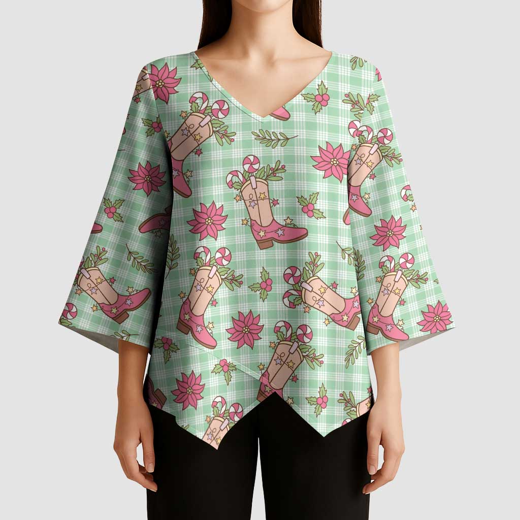 Green Paniolo Palaka Hawaiian Cowgirl Christmas Kimono Sleeve Blouse - Polynesian Pride