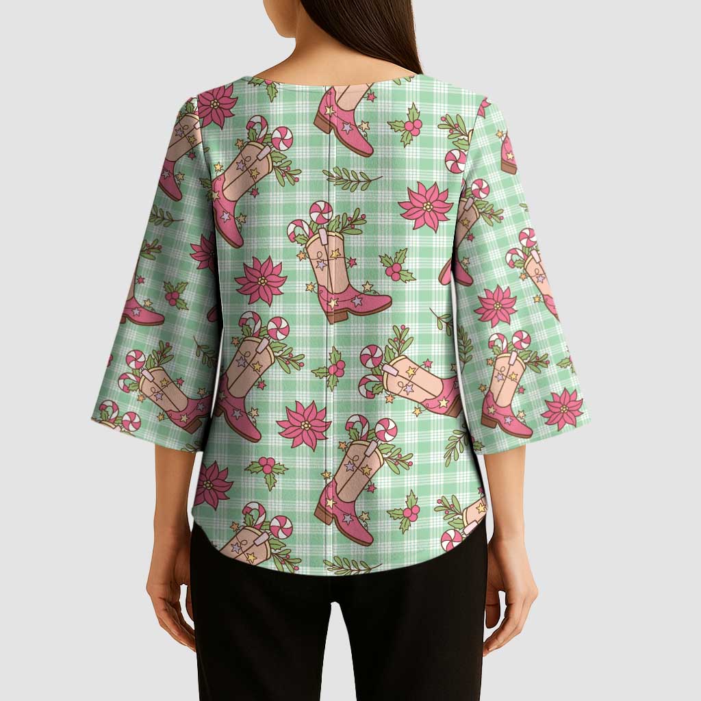 Green Paniolo Palaka Hawaiian Cowgirl Christmas Kimono Sleeve Blouse - Polynesian Pride