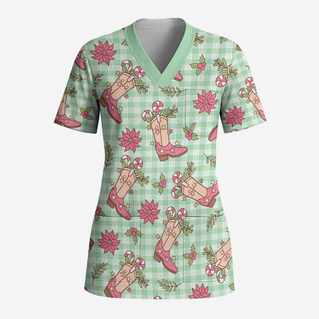 Green Paniolo Palaka Hawaiian Cowgirl Christmas Scrub Top - Polynesian Pride