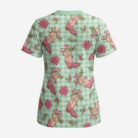 Green Paniolo Palaka Hawaiian Cowgirl Christmas Scrub Top - Polynesian Pride