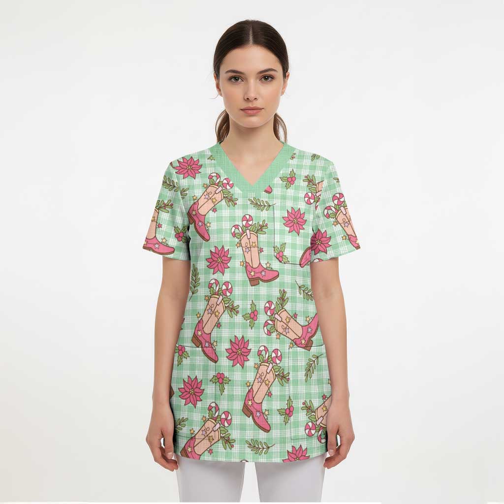Green Paniolo Palaka Hawaiian Cowgirl Christmas Scrub Top - Polynesian Pride