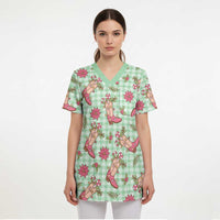 Green Paniolo Palaka Hawaiian Cowgirl Christmas Scrub Top - Polynesian Pride