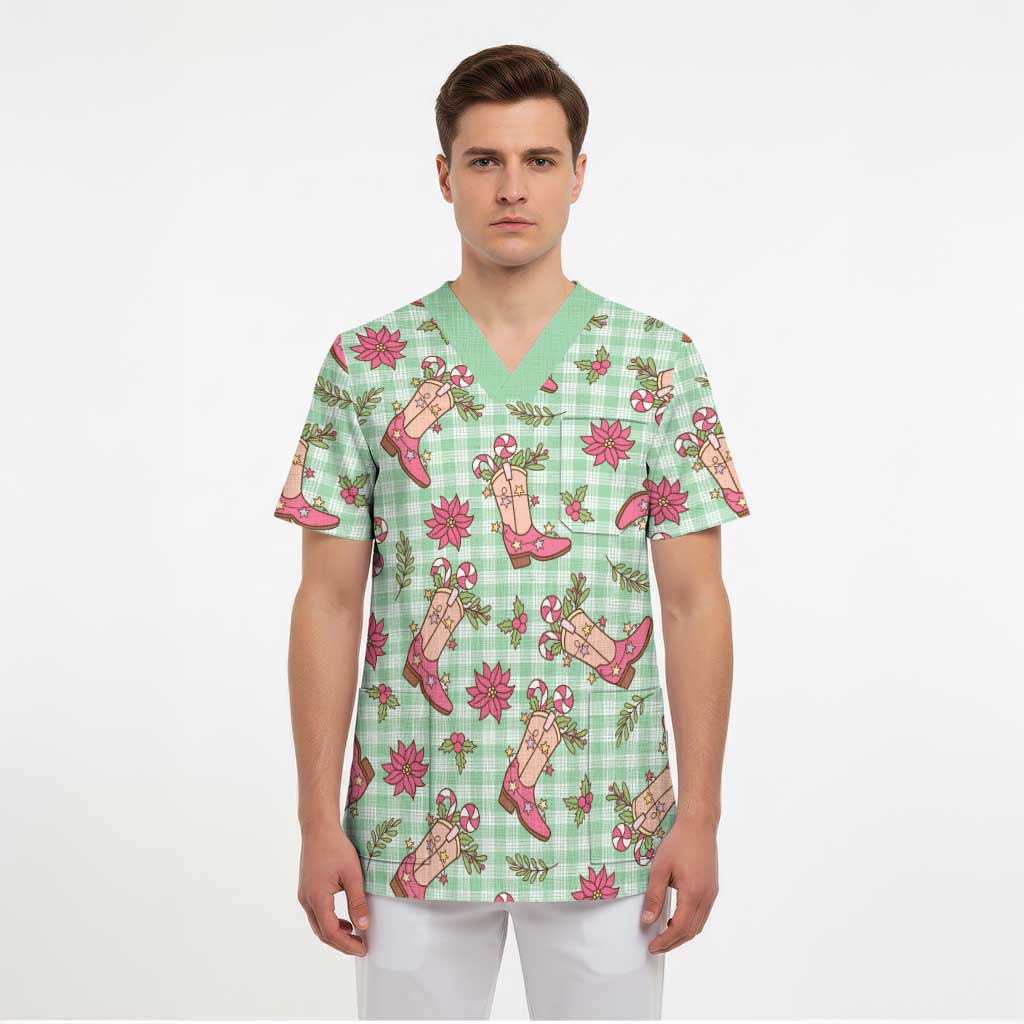 Green Paniolo Palaka Hawaiian Cowgirl Christmas Scrub Top - Polynesian Pride