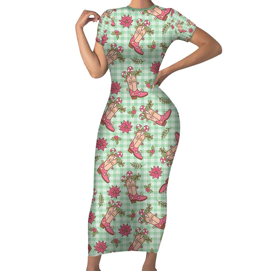 Green Paniolo Palaka Hawaiian Cowgirl Christmas Short Sleeve Bodycon Dress - Polynesian Pride