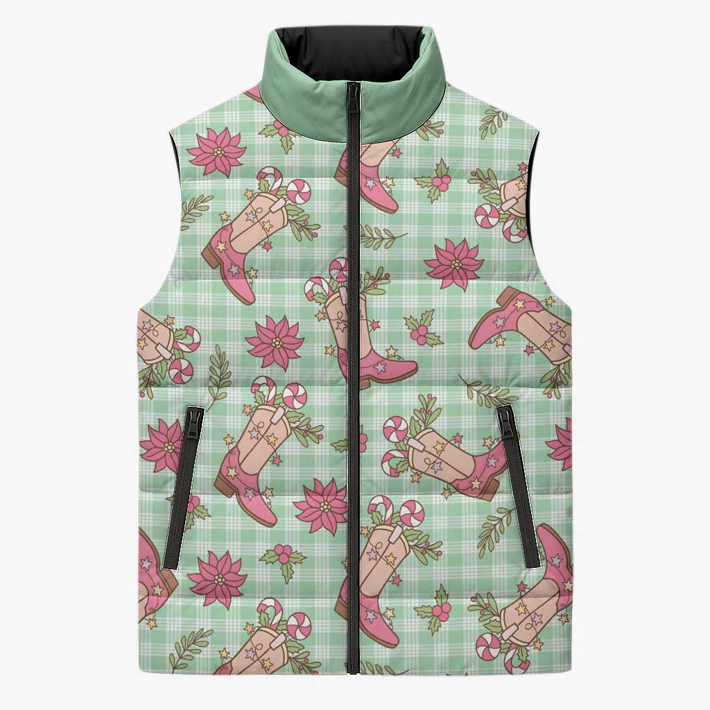 Green Paniolo Palaka Hawaiian Cowgirl Christmas Sleeveless Puffer Jacket - Polynesian Pride