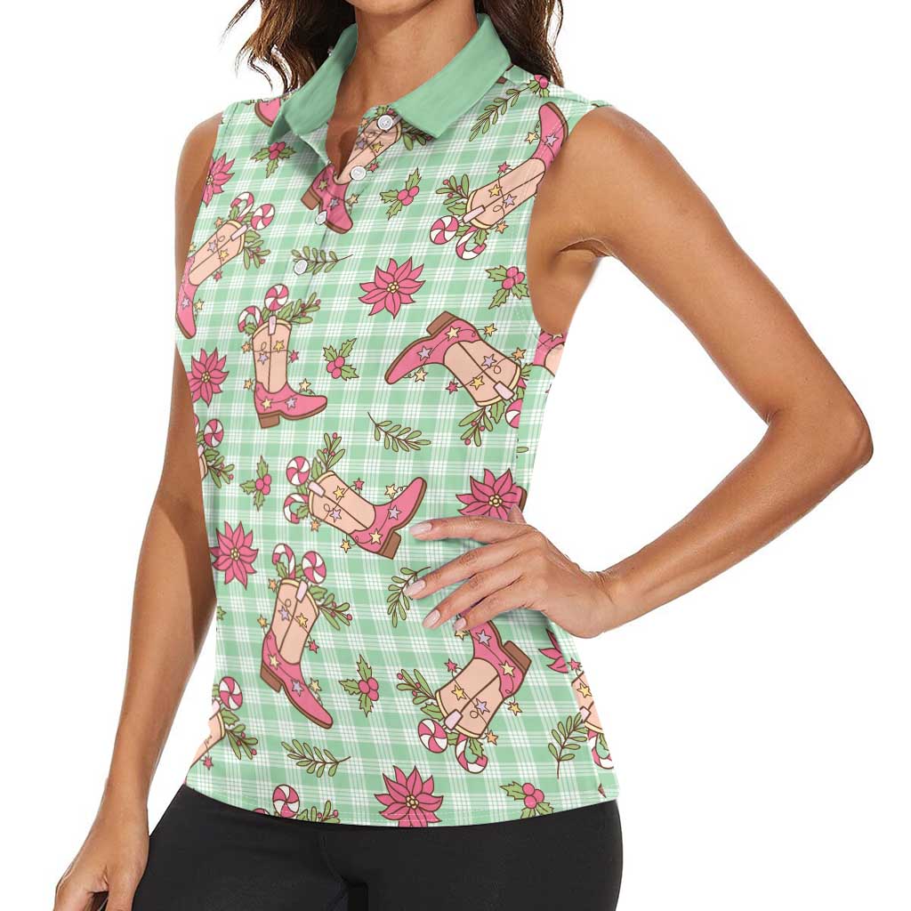 Green Paniolo Palaka Hawaiian Cowgirl Christmas Women Sleeveless Polo Shirt - Polynesian Pride