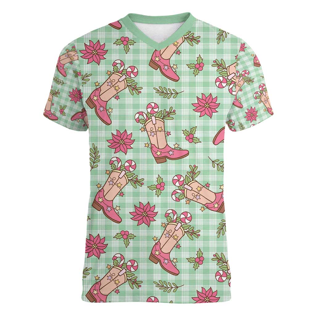 Green Paniolo Palaka Hawaiian Cowgirl Christmas Women V-Neck T-Shirt - Polynesian Pride