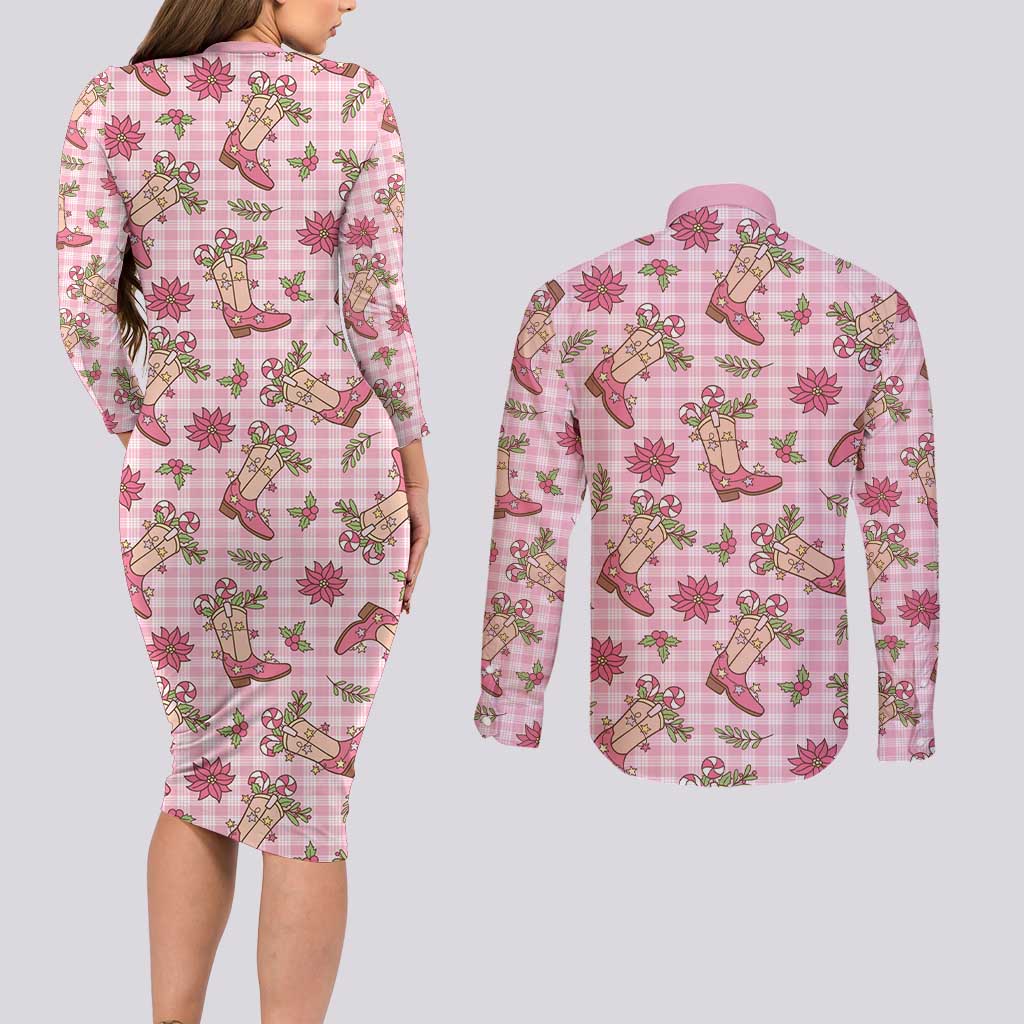 Pink Paniolo Palaka Hawaiian Cowgirl Christmas Couples Matching Long Sleeve Bodycon Dress and Long Sleeve Button Shirt - Polynesian Pride