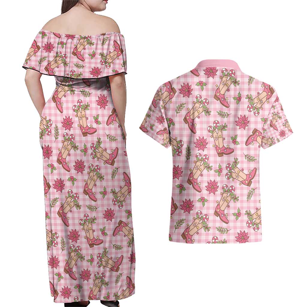 Pink Paniolo Palaka Hawaiian Cowgirl Christmas Couples Matching Off Shoulder Maxi Dress and Hawaiian Shirt - Polynesian Pride