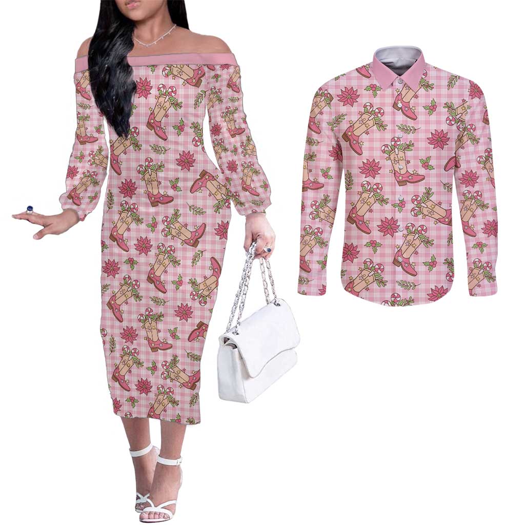 Pink Paniolo Palaka Hawaiian Cowgirl Christmas Couples Matching Off The Shoulder Long Sleeve Dress and Long Sleeve Button Shirt - Polynesian Pride
