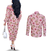Pink Paniolo Palaka Hawaiian Cowgirl Christmas Couples Matching Off The Shoulder Long Sleeve Dress and Long Sleeve Button Shirt - Polynesian Pride