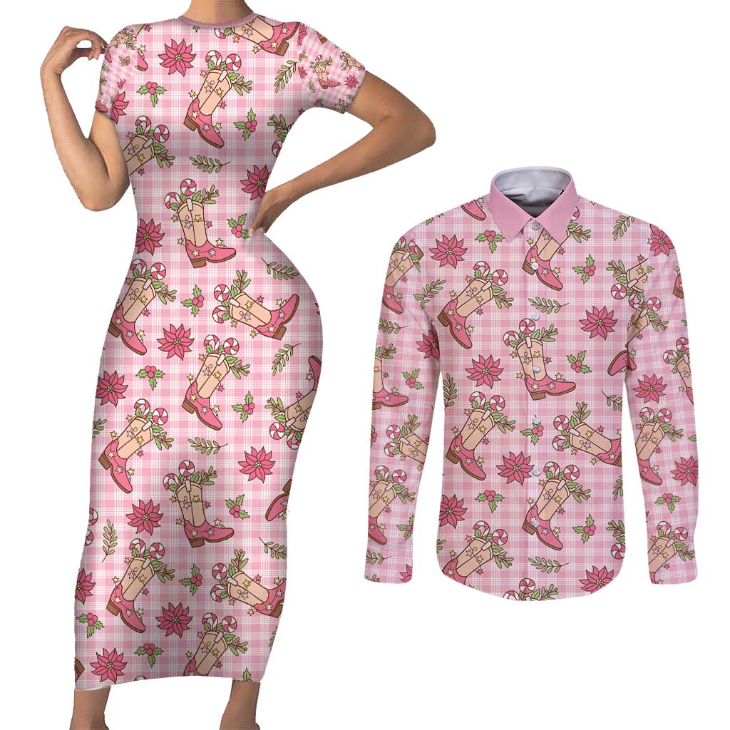 Pink Paniolo Palaka Hawaiian Cowgirl Christmas Couples Matching Short Sleeve Bodycon Dress and Long Sleeve Button Shirt - Polynesian Pride
