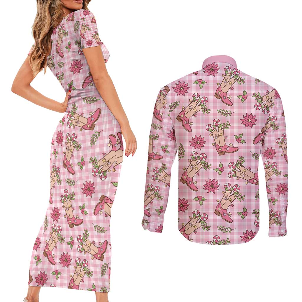 Pink Paniolo Palaka Hawaiian Cowgirl Christmas Couples Matching Short Sleeve Bodycon Dress and Long Sleeve Button Shirt - Polynesian Pride