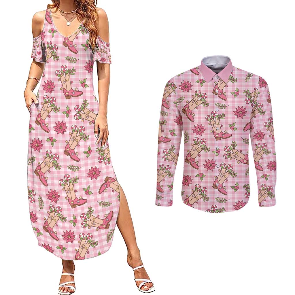Pink Paniolo Palaka Hawaiian Cowgirl Christmas Couples Matching Summer Maxi Dress and Long Sleeve Button Shirt - Polynesian Pride