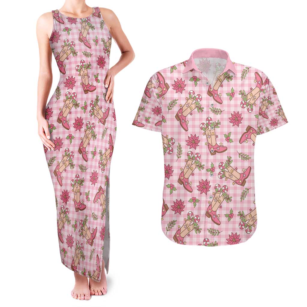 Pink Paniolo Palaka Hawaiian Cowgirl Christmas Couples Matching Tank Maxi Dress and Hawaiian Shirt - Polynesian Pride