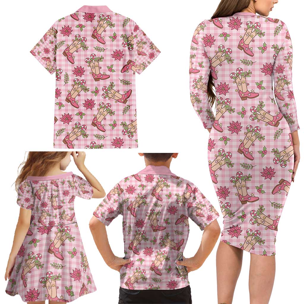Pink Paniolo Palaka Hawaiian Cowgirl Christmas Family Matching Long Sleeve Bodycon Dress and Hawaiian Shirt - Polynesian Pride