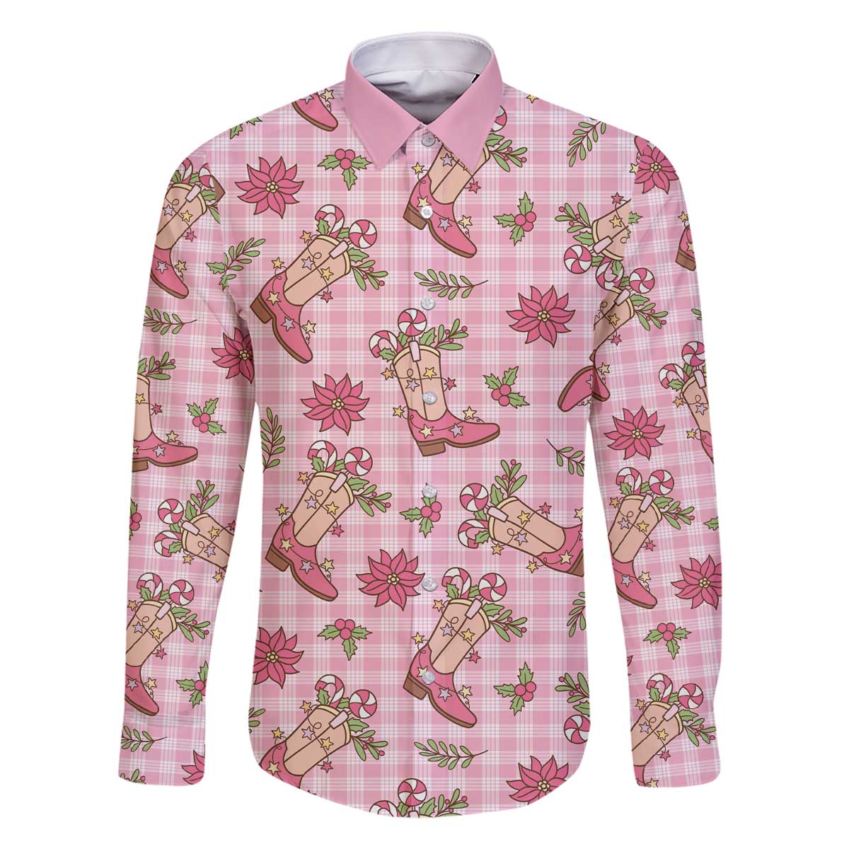Pink Paniolo Palaka Hawaiian Cowgirl Christmas Family Matching Off The Shoulder Long Sleeve Dress and Hawaiian Shirt - Polynesian Pride