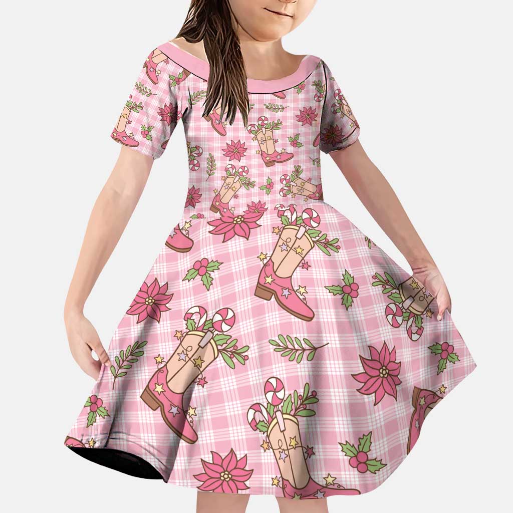 Pink Paniolo Palaka Hawaiian Cowgirl Christmas Family Matching Off Shoulder Short Dress and Hawaiian Shirt LT9 Daughter's Dress Pink - Polynesian Pride