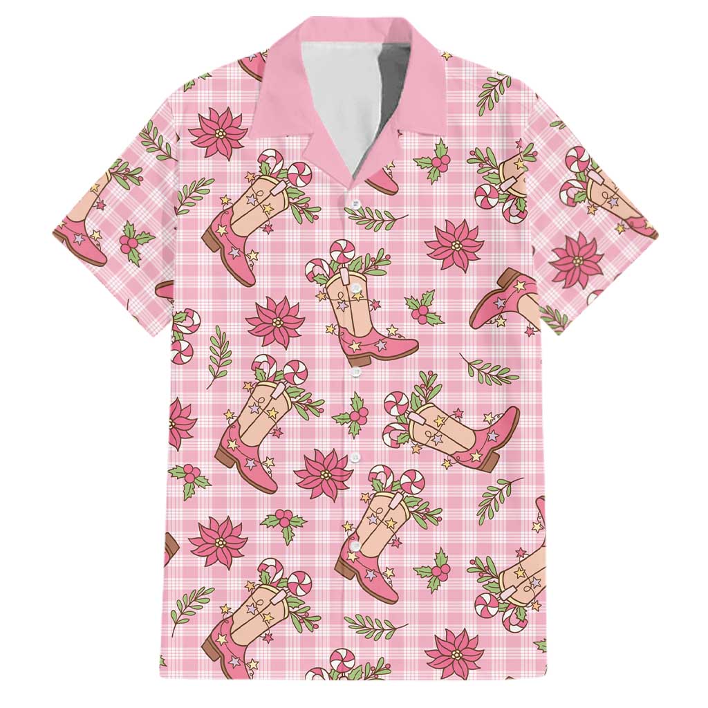 Pink Paniolo Palaka Hawaiian Cowgirl Christmas Family Matching Off Shoulder Short Dress and Hawaiian Shirt LT9 Dad's Shirt - Short Sleeve Pink - Polynesian Pride