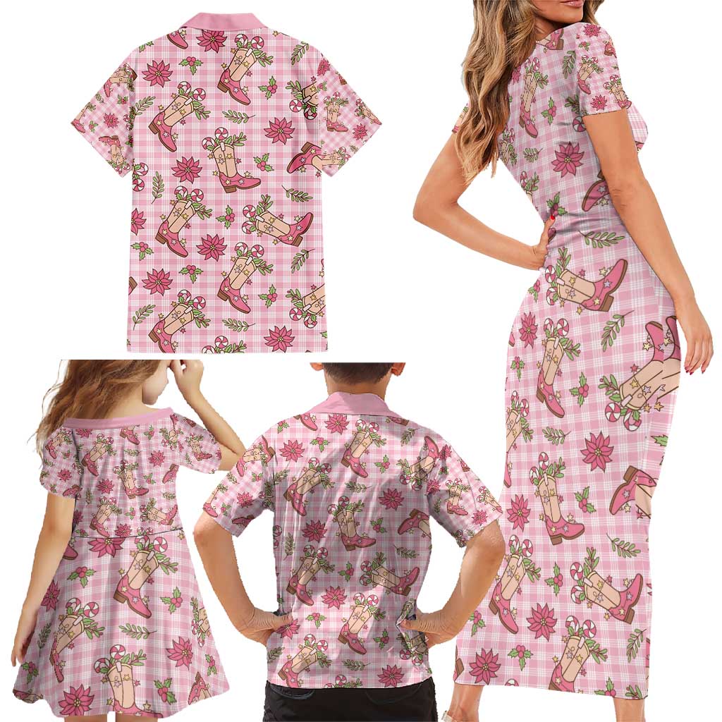 Pink Paniolo Palaka Hawaiian Cowgirl Christmas Family Matching Short Sleeve Bodycon Dress and Hawaiian Shirt - Polynesian Pride