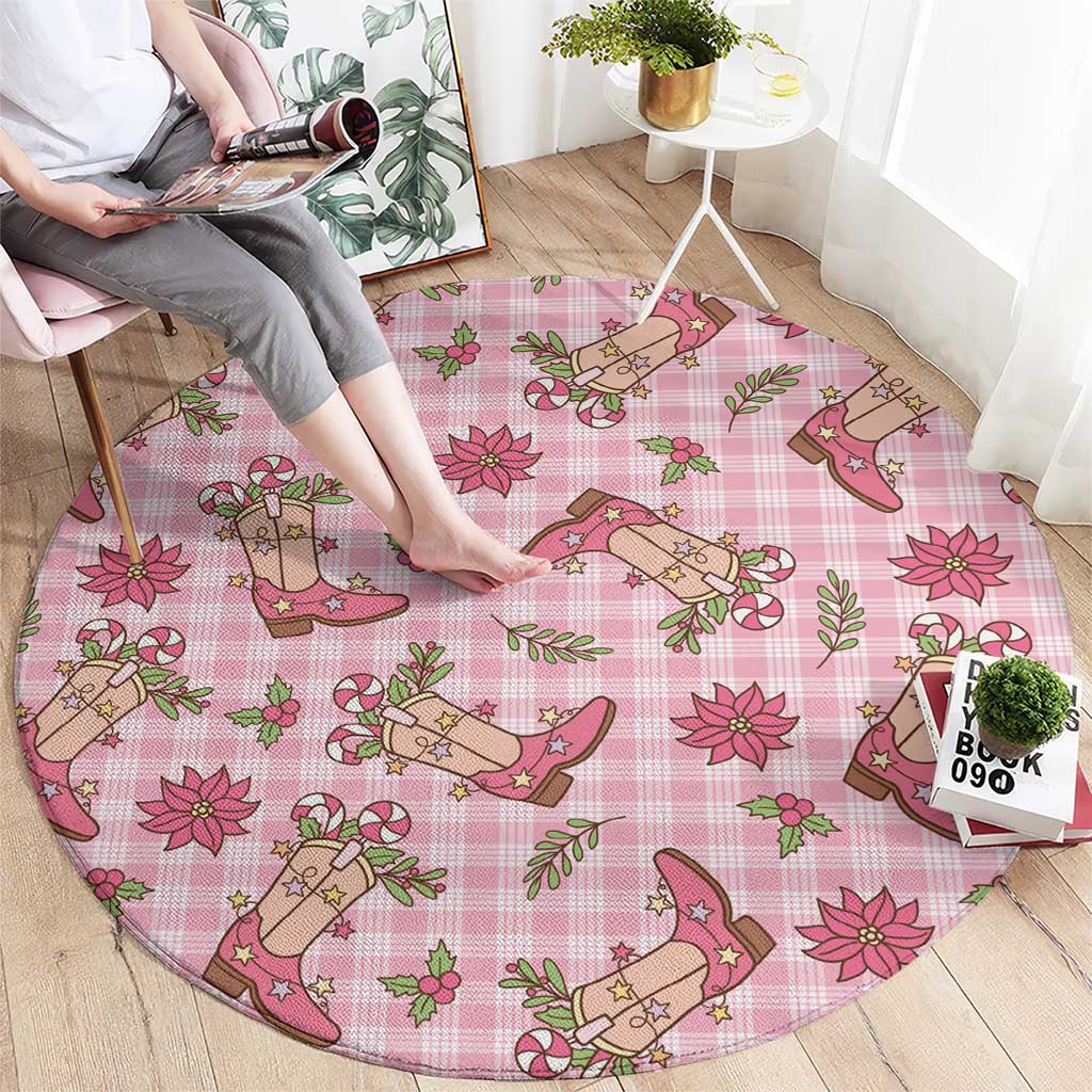 Pink Paniolo Palaka Hawaiian Cowgirl Christmas Round Carpet - Polynesian Pride