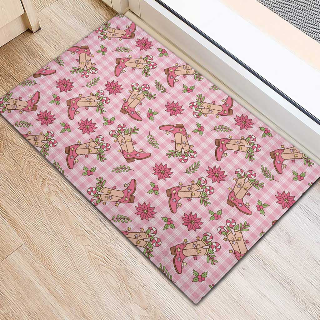 Pink Paniolo Palaka Hawaiian Cowgirl Christmas Rubber Doormat - Polynesian Pride